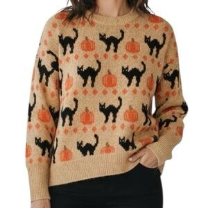 NWT VINCE CAMUTO Black Cat & Orange Pumpkin Long Sleeve Sweater Size XX-Large